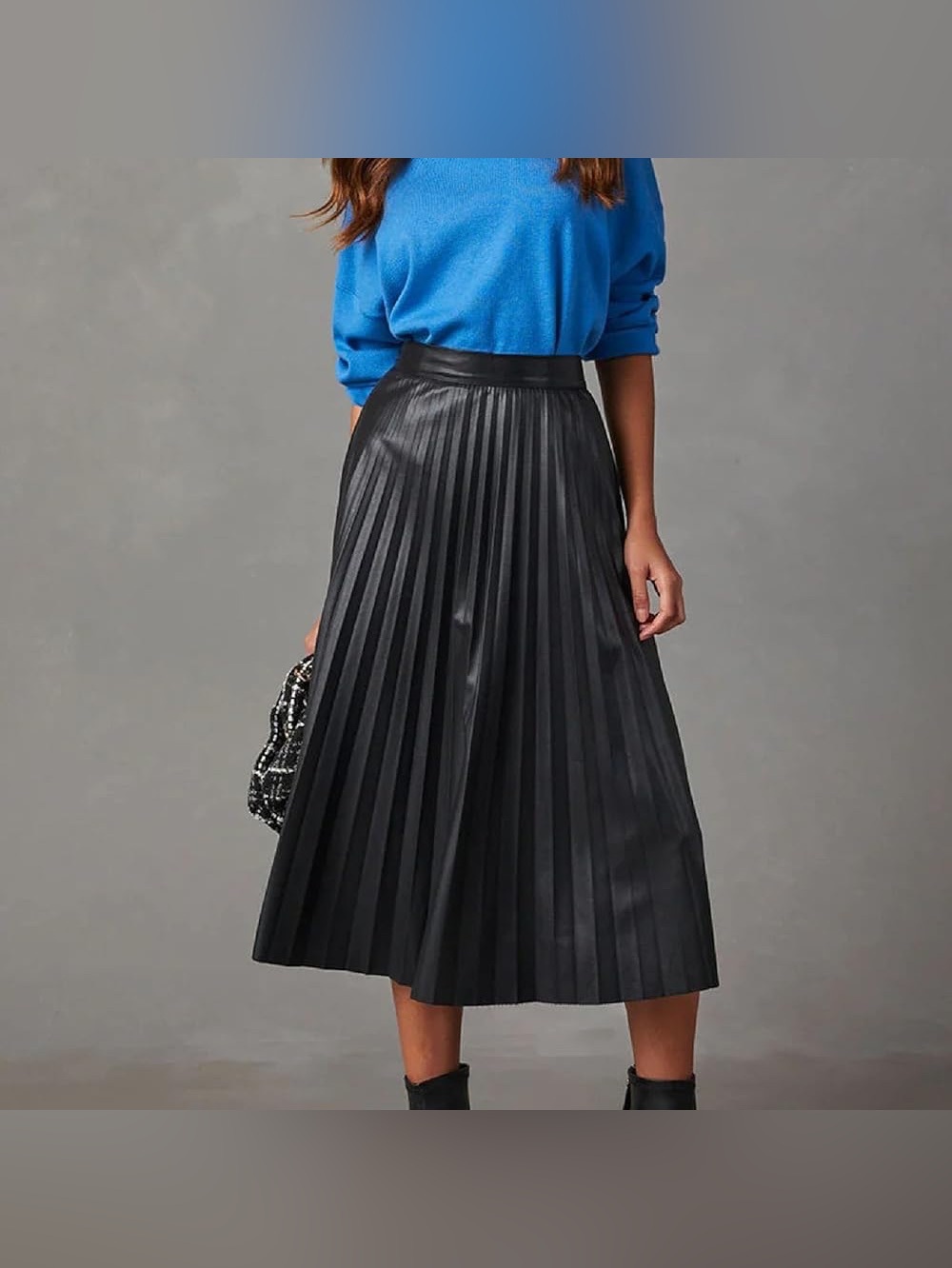 See n Be Seen Pleated Faux Leather Black Midi Skirt Sz 1X NWT